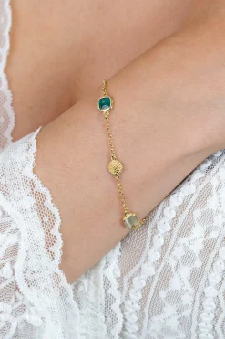ZINZI gold plated zilveren armband met drie vierkante kleurstenen in zachte groentinten, afgewisseld met ronde structuurelementen ZIA2904