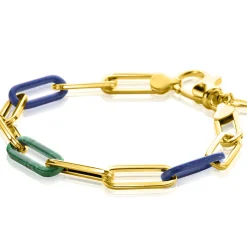 ZINZI gold plated zilveren armband met paperclip-schakels en trendy schakels in lapisblauw en malachietgroen 19cm ZIA2455