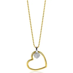 ZINZI gold plated zilveren bolletjes ketting met grote open hart hanger 20mm en bungelend luxe hartje 45-48cm ZIC2621