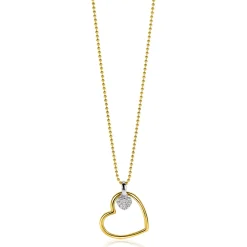 ZINZI gold plated zilveren bolletjes ketting met grote open hart hanger 20mm en bungelend luxe hartje 45-48cm ZIC2621