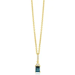 ZINZI gold plated zilveren collier 45cm met sierlijke rechthoekige hanger (22mm) met diep petrolblauwe kleursteen ZIC2896