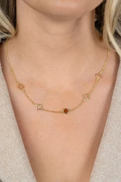 ZINZI gold plated zilveren collier 45cm met drie klavervormige zettingen met bruine kleurstenen ZIC2772
