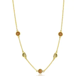 ZINZI gold plated zilveren collier 45cm met speelse vormen, bezet met bruine en olijfgroene kleurstenen ZIC2770