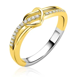 ZINZI gold plated zilveren cross-over ring met een opengewerkt sierlijk hart waarbij een rij witte zirkonia’s vloeiend door de scheen en hart loopt ZIR2874Y