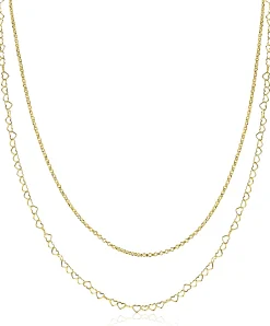 ZINZI goldplated zilveren dubbele schakelketting 40–45cm met fijne hartvormige schakels ZIC2775G