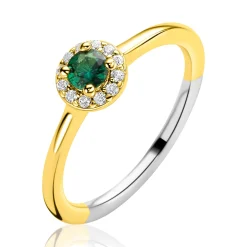 ZINZI gold plated zilveren entourage ring bezet met witte zirkonia's en smaragdgroene kleursteen ZIR2697G