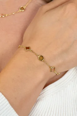ZINZI gold plated zilveren fantasie armband met speelse vormen bruin en olijfgroen ZIA2771