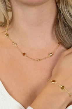 ZINZI gold plated zilveren fantasie collier 45cm met speelse vormen bruin en olijfgroen ZIC2771