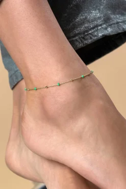 ZINZI gold plated zilveren fantasie enkelband met 7 groene donuts en glanzende bolletjes 23-27cm ZIE2509
