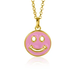 ZINZI gold plated zilveren hanger smiley rond 15mm met roze emaille ZIH2312R (zonder collier)