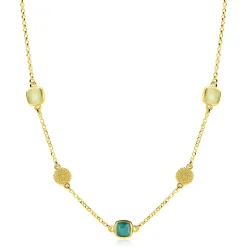 ZINZI gold plated zilveren ketting 45cm met drie vierkante kleurstenen in zachte groentinten, afgewisseld met ronde structuurelementen ZIC2904