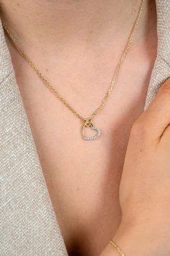 ZINZI gold plated zilveren ketting met twee sierlijke harten die met elkaar verbonden zijn, ook bezet met witte zirkonia's 42-45cm ZIC2874Y