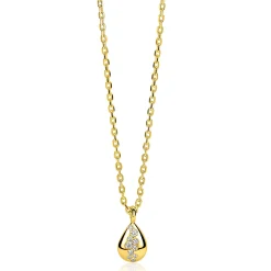 ZINZI gold plated zilveren ketting met druppelvormige hanger (14mm) bezet met witte zirkonia’s 42-45cm ZIC2871