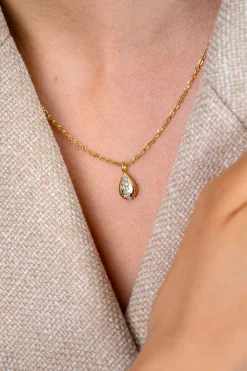 ZINZI gold plated zilveren ketting met druppelvormige hanger (14mm) bezet met witte zirkonia’s 42-45cm ZIC2871