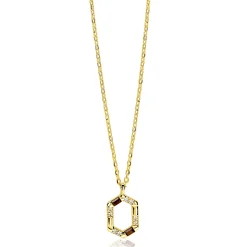 ZINZI gold plated zilveren ketting met zeshoekige hanger (18mm) bezet met champagne, bruine en witte kleurstenen 42-45cm ZIC2869