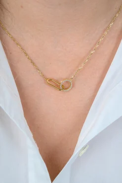 ZINZI gold plated zilveren ketting 45cm met twee verbonden schakels, bezet met witte zirkonia's ZIC2809