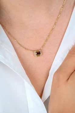 ZINZI goldplated zilveren ketting 45cm met achthoekige hanger bruine kleursteen ZIC2803