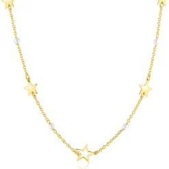 ZINZI goldplated zilveren ketting 45cm met glanzende sterren en witte pareltjes ZIC2780