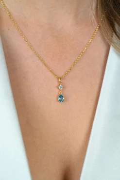 ZINZI gold plated zilveren ketting 42-45cm met luxe peervormige hanger met lichtblauwe kleursteen en witte zirkonia ZIC2744