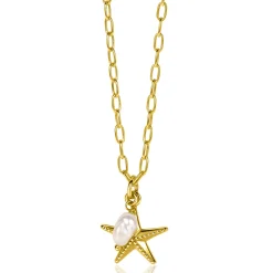 ZINZI gold plated zilveren ketting met paperclip-schakels en grote zeester hanger met ovale witte zoetwaterparel 40-45cm ZIC2641