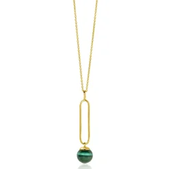 ZINZI gold plated zilveren ketting met lange ovale hanger en bungelende groene cateye in bolvorm 40-45cm ZIC2420