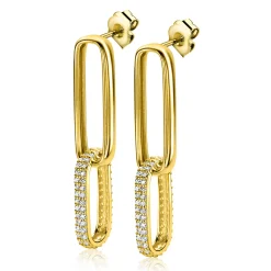 ZINZI gold plated zilveren lange oorsieraden 38mm met twee ovale schakels, bezet met witte zirconia's ZIO2371Y
