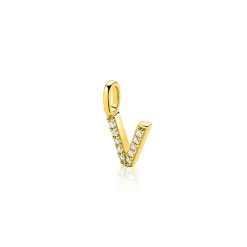 ZINZI gold plated zilveren letter hanger V bezet met witte zirkonia's ZIH2828-V (zonder ketting)