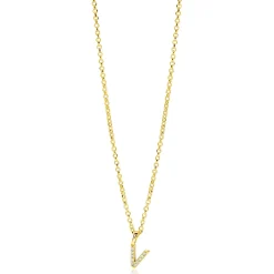 ZINZI gold plated zilveren letter hanger V bezet met witte zirkonia's ZIH2828-V (zonder ketting)