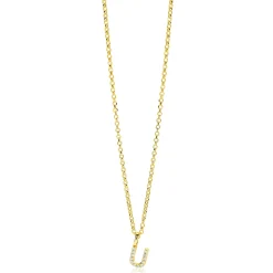 ZINZI gold plated zilveren letter hanger U bezet met witte zirkonia's ZIH2828-U (zonder ketting)