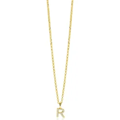 ZINZI gold plated zilveren letter hanger R bezet met witte zirkonia's ZIH2828-R (zonder ketting)
