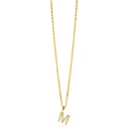 ZINZI gold plated zilveren letter hanger M bezet met witte zirkonia's ZIH2828-M (zonder ketting)