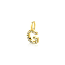 ZINZI gold plated zilveren letter hanger G bezet met witte zirkonia's ZIH2828-G (zonder ketting)