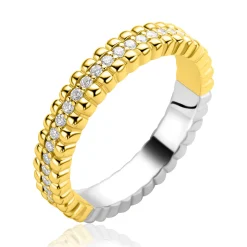 ZINZI goldplated zilveren multi-look ring met speelse structuur en een rij witte zirkonia's als middenbaan ZIR2834Y