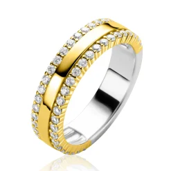 ZINZI goldplated zilveren multi-look ring drie banen, buitenste bezet met witte zirconia's ZIR2445Y