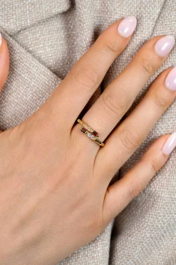 ZINZI gold plated zilveren multi-look ring (5mm breed) bezet met witte, bruine en champagne kleurstenen ZIR2869
