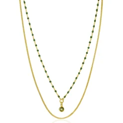 ZINZI gold plated zilveren multilook ketting met gourmet en groene bolletjes schakels, ronde zetting met olijfgroene kleursteen 42-45cm ZIC2528G
