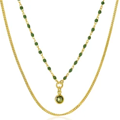 ZINZI gold plated zilveren multilook ketting met gourmet en groene bolletjes schakels, ronde zetting met olijfgroene kleursteen 42-45cm ZIC2528G