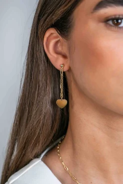 ZINZI gold plated zilveren oorstekers 52mm lang met twee trendy schakels en glad hart ZIO2381G