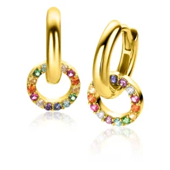 ZINZI gold plated zilveren oorbedels rond 8mm bezet regenboog kleuren ZICH2170 (zonder oorringen)