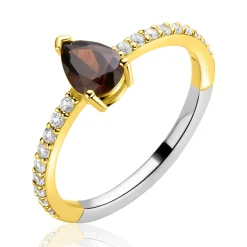 ZINZI goldplated zilveren ring met bruine druppelvormige kleursteen en rijzetting bezet met witte zirconia's ZIR2804