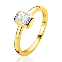 ZINZI gold plated zilveren ring met een rechthoekige gladde kastzetting (9mm) bezet met een witte zirkonia ZIR2899