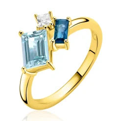 ZINZI gold plated zilveren ring bezet met geometrische kleurstenen in lichtblauw, petrolblauw en fonkelend wit ZIR2897
