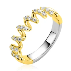 ZINZI gold plated zilveren ring met een sierlijk golvend design, bezet met witte zirkonia’s in verfijnde zetting ZIR2877Y