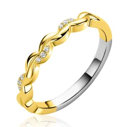 ZINZI gold plated zilveren ring met een sierlijk golvend design, subtiel bezet met witte zirkonia’s ZIR2875
