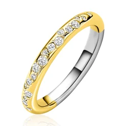 ZINZI gold plated zilveren rijring (3mm breed) met witte zirkonia’s als druppels verwerkt ZIR2871