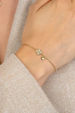 ZINZI goldplated zilveren schakelarmband met klavertje vier en hartje hanger ZIA2783Y