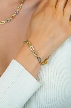 ZINZI gold plated zilveren schakelarmband met bicolor rechthoekige schakels (6,5mm breed) ZIA2757