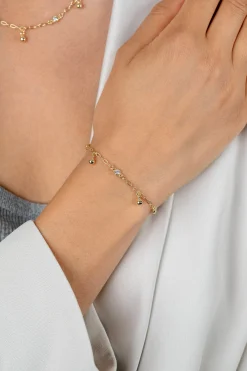 ZINZI gold plated zilveren schakel armband 9mm breed met witte zirkonia's en gladde bolletjes 17-19cm ZIA2658