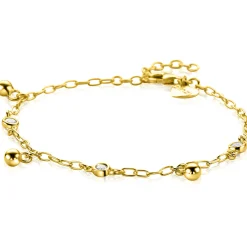 ZINZI gold plated zilveren schakel armband 9mm breed met witte zirkonia's en gladde bolletjes 17-19cm ZIA2658
