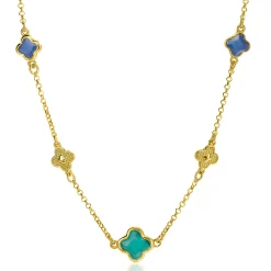 ZINZI gold plated zilveren schakel ketting met twee donkerblauwe klavers en een grotere groene klaver 40-45cm ZIC2583